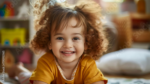 Smiling child playing looking at camera indoors, AI Generative.