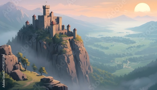 The castle's imposing silhouette dominates the mountain skyline, its ramparts and spires silhouetted against the setting sun, casting a golden glow over the rugged terrain below.