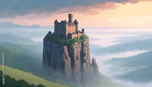 The castle stands proudly against the dramatic backdrop of towering mountains, its ancient battlements and towers reaching skyward amidst swirling clouds, evoking a sense of strength and resilience.