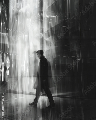 A man walks down a street in a city
