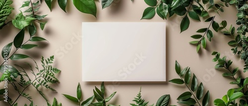 A minimal flat lay of a blank note surrounded by lush greenery on a beige background.