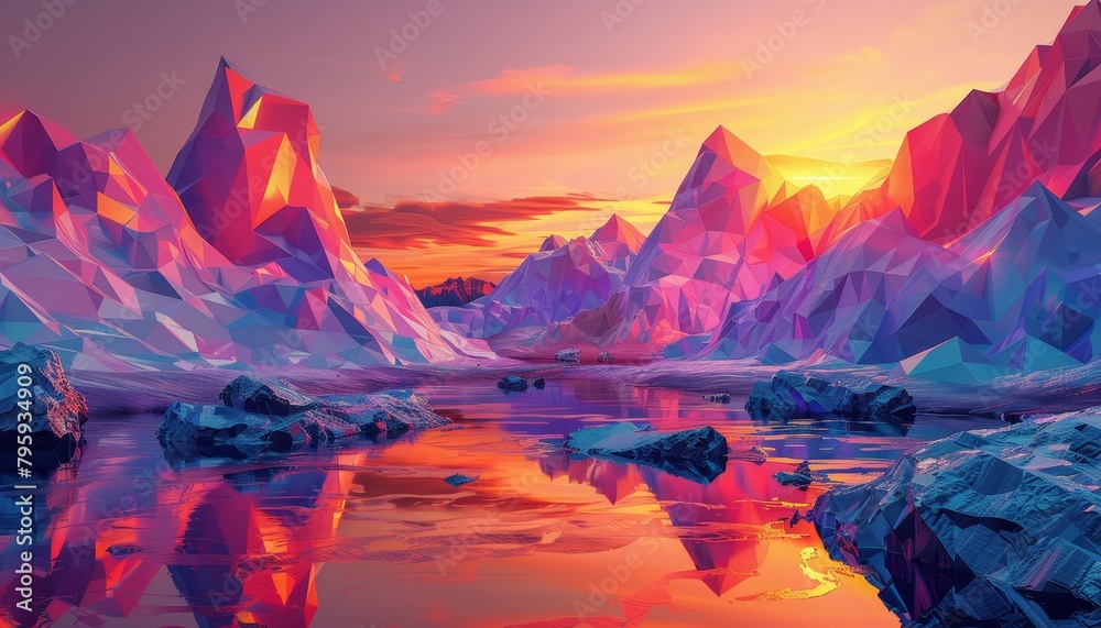 A low poly mountain landscape with a lake in the foreground and a setting sun in the background. The colors are pink, purple, blue, and orange.