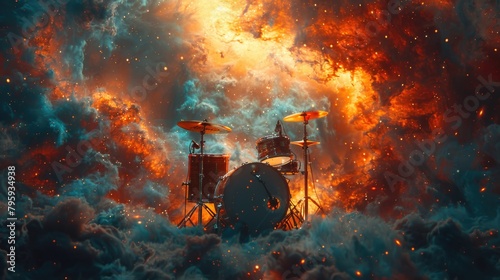 A drum set placed in the middle of a sky filled with clouds, creating a striking contrast. photo