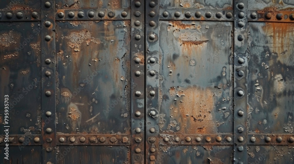 A metal door with rivets close up