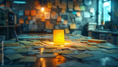 A desk covered in post-it notes.