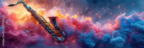 Painting depicting a saxophone with intricate details on a vibrant and colorful background.
