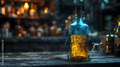 Enchanted Alchemical Elixir Bottle Glowing with Everlasting Vitality on Rustic Wooden Table photo