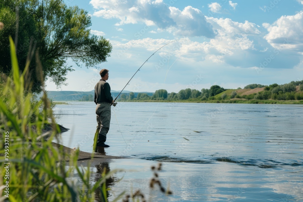 man with fishing rod in the river beach