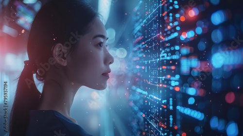 A beautiful young woman looking at a futuristic screen with glowing data.