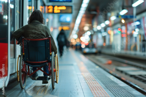 A person in a wheelchair is sitting on a train platform photo