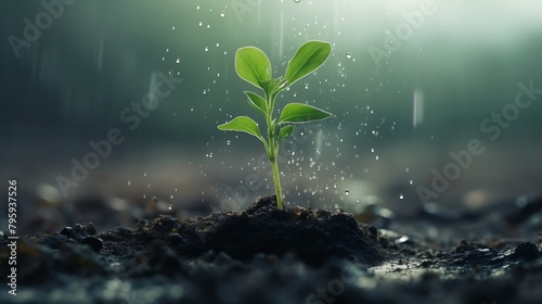 a small tree growing from divide mud with rain background