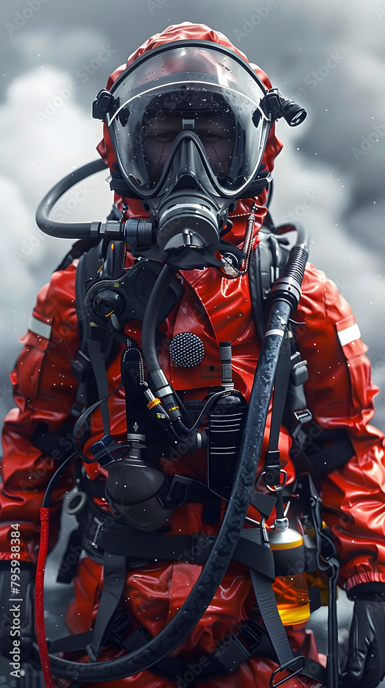 Firefighter Diver Providing Emergency Medical Care During Rescue Mission in Hazardous Environment with Scuba Gear and Protective Suit,Closeup Firefighter Diver Providing Emergency Medical Care During Rescue Mission in Hazardous Environment with Scuba Gear and Protective Suit,Closeup