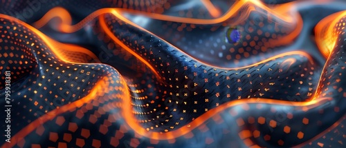 3D rendering of a bumpy surface with glowing orange cracks photo