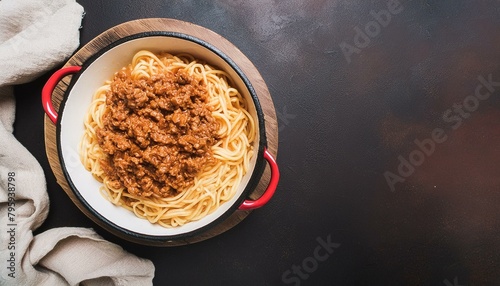 Top view of spaghetti bolognese pasta in a pan.