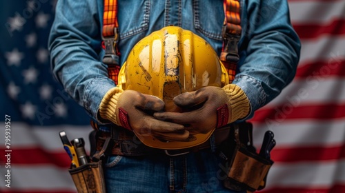 Close-up of industrial employee with protective gear and American flag in maintenance worker employment support concept