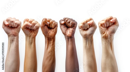 International Women's Day concept: Hands up for women rights and empowerment with isolated strong fist hands on white background. photo