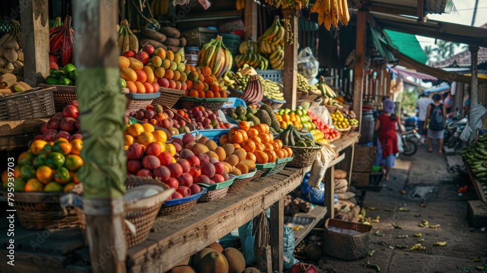 Traditional market with a variety of colorful fresh fruit and vegetables,AI generated image.