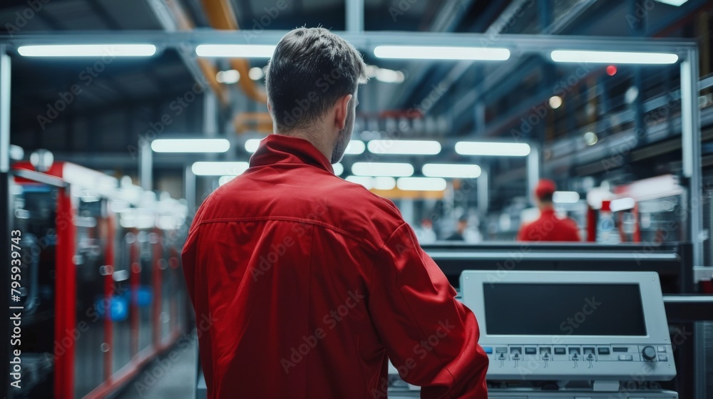 A factory operator in red overalls supervising a production line enhanced with AI technology A factory operator in red overalls supervising a production line enhanced with AI technology