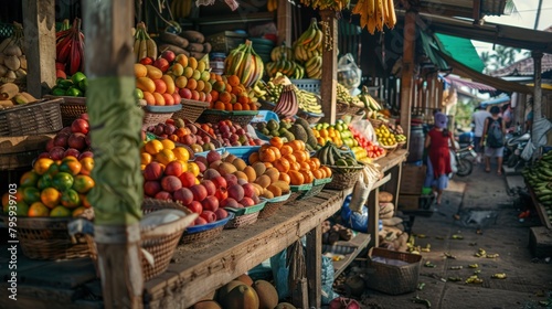 Traditional market with a variety of colorful fresh fruit and vegetables,AI generated image.