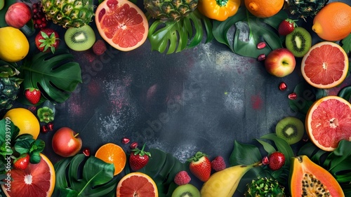 Colorful fruits border on black background - Vibrant, fresh assorted fruits beautifully arranged in a border on a dark backdrop, highlighting nature's candy in rich colors and textures