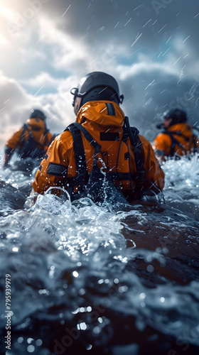 Heroic Disaster Relief Amid Swift Water Rescue in Isolated,Cinematic Photographic Style © lertsakwiman