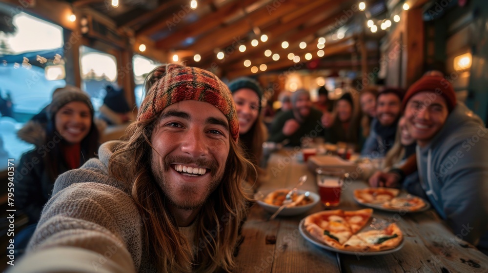 A group of people are gathered around a table, enjoying pizza together. A group of people are gathered around a table, enjoying pizza together.