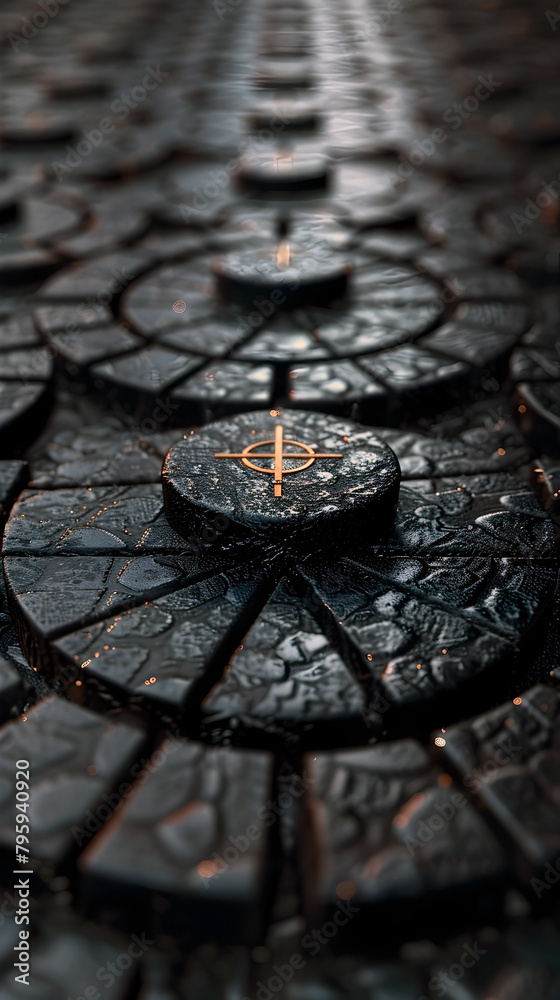 Intricate Manhole Cover in Abandoned Urban Landscape with Precise Geometric Patterns and Minimalist Design
