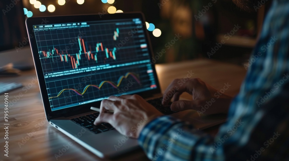 A businessman analyzing financial data on a laptop with graphs of stock market trends A businessman analyzing financial data on a laptop with graphs of stock market trends