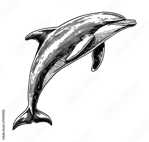 dolphin engraving black and white outline
