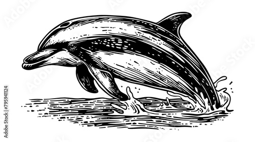 dolphin engraving black and white outline