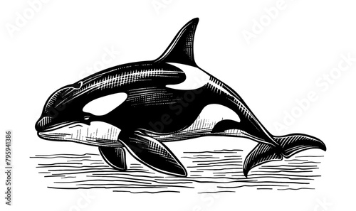 orca engraving black and white outline