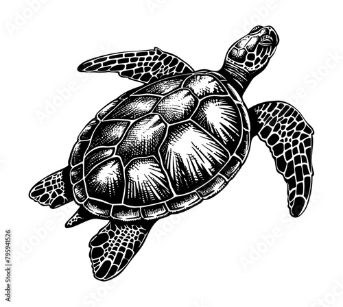 sea turtle engraving black and white outline