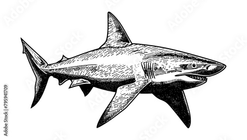shark engraving black and white outline