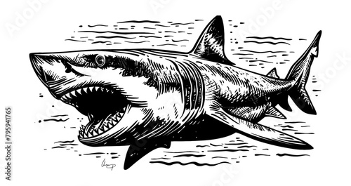 shark engraving black and white outline
