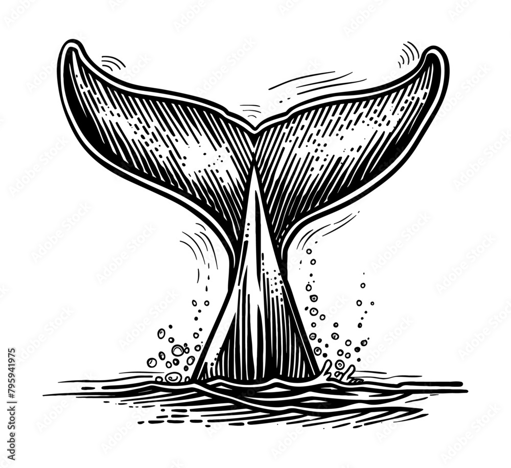 Obraz premium whale tail engraving black and white outline