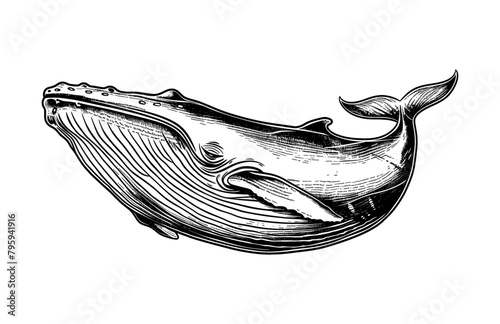 blue whale engraving black and white outline