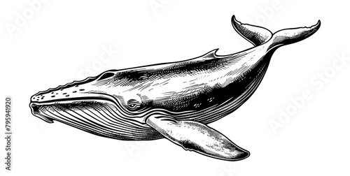 blue whale engraving black and white outline