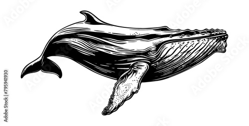 blue whale engraving black and white outline