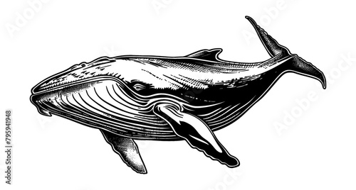 blue whale engraving black and white outline