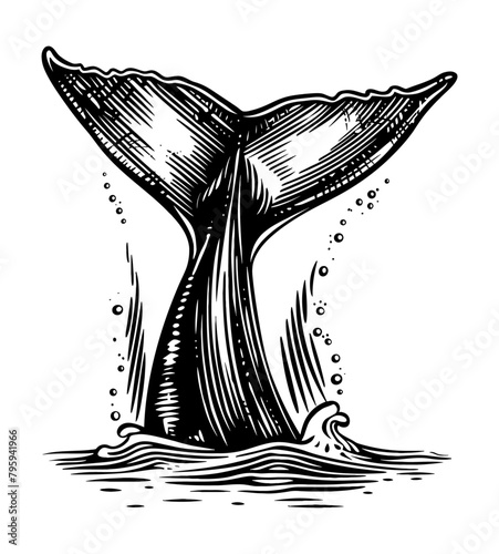 whale tail engraving black and white outline