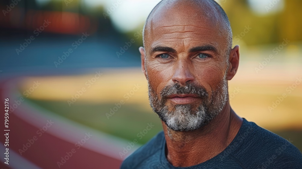 caucasian man running on an Olympic track in sports wear at summer day. caucasian man running on an Olympic track in sports wear at summer day.