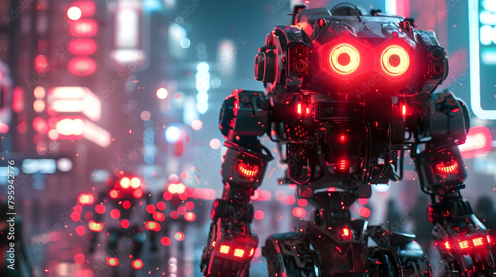 Robotic Mechs Patrolling Neon-Lit Futuristic City Streets in a Cinematic,Hyper-Detailed Photographic Style