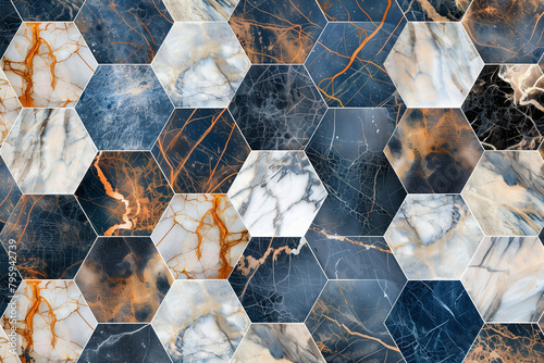 Variegated Marble Hex Tiles  A rich collection of hexagonal tiles features diverse marble patterns with intricate gold veining, presenting a luxurious and detailed surface texture. © Melanie