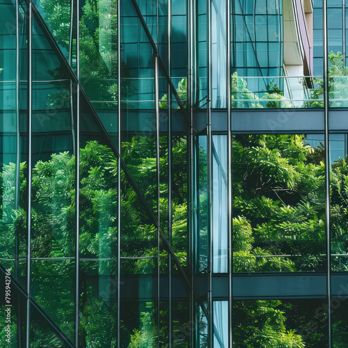 A closeup of green glass windows on an office building