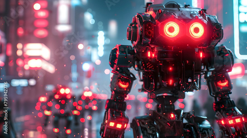 Robotic Mechs Patrolling Neon-Lit Futuristic City Streets in a Cinematic,Hyper-Detailed Photographic Style
