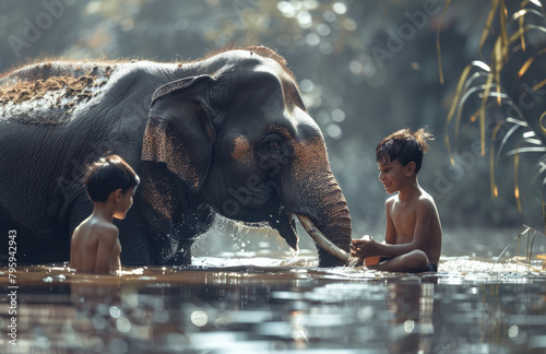 two young boys and an elephant playing in the river on a sunny day