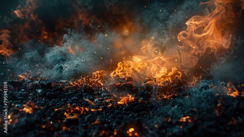 A dynamic image featuring a cluster of fire and billowing smoke against a pitch-black backdrop.