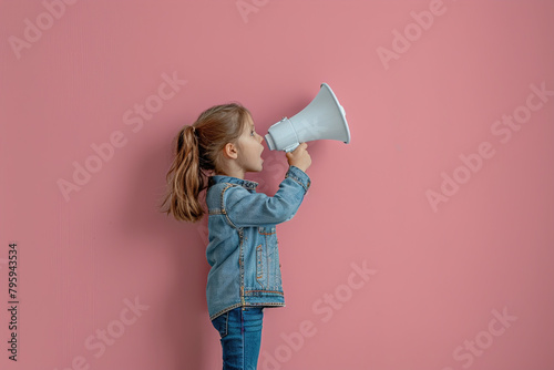 Child girl holding shouting into loudspeaker megaphone on pink background