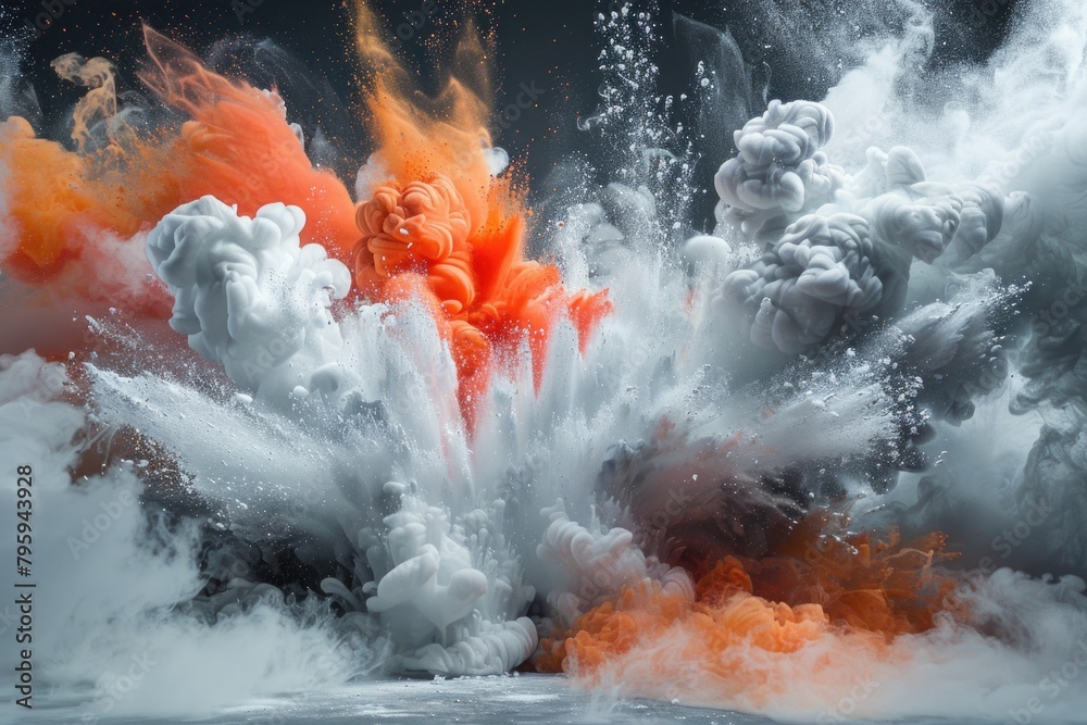 An orange and white substance is exploding in the air, creating a dynamic and vibrant display of color and energy. An orange and white substance is exploding in the air, creating a dynamic and vibrant display of color and energy.