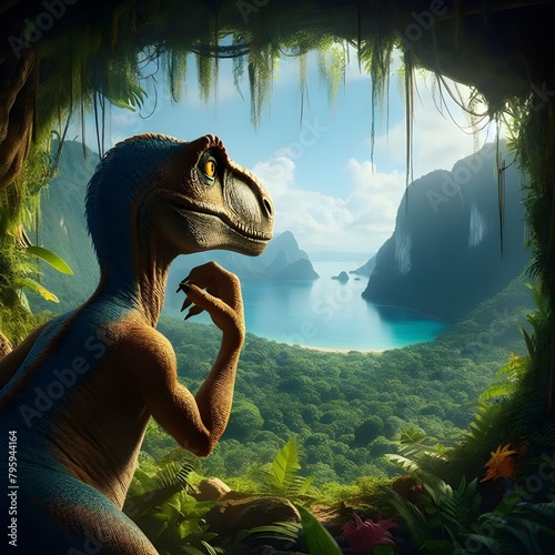tyrannosaurus dinosaur thinking in the woods photo